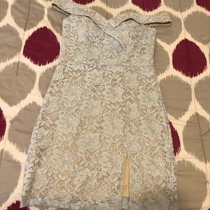 Off shoulder blue lace dress with glitter